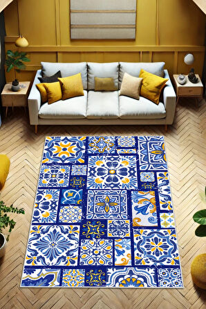 Mavi Patchwork Seramik Desenli Pamuk Dokuma Kaymaz Tabanlı Dijital Baskılı Yıkanabilir Çini Desenli Mavi Salon Halısı