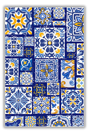 Mavi Patchwork Seramik Desenli Pamuk Dokuma Kaymaz Tabanlı Dijital Baskılı Yıkanabilir Çini Desenli Mavi Salon Halısı