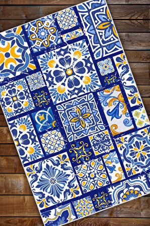 Mavi Patchwork Seramik Desenli Pamuk Dokuma Kaymaz Tabanlı Dijital Baskılı Yıkanabilir Çini Desenli Mavi Salon Halısı