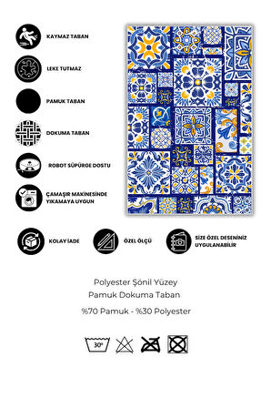 Mavi Patchwork Seramik Desenli Pamuk Dokuma Kaymaz Tabanlı Dijital Baskılı Yıkanabilir Çini Desenli Mavi Salon Halısı