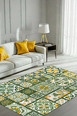 Patchwork Seramik Desenli Yeşil Halı Dokuma Tabanlı Kaymaz Tabanlı Dijital Baskılı Yıkanabilir Çini Desenli Banyo Halısı