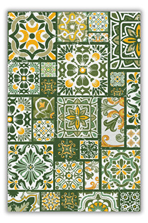 Patchwork Seramik Desenli Yeşil Halı Dokuma Tabanlı Kaymaz Tabanlı Dijital Baskılı Yıkanabilir Çini Desenli Banyo Halısı