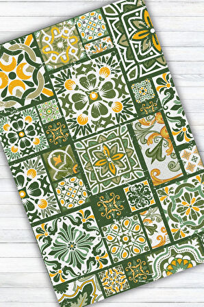 Patchwork Seramik Desenli Yeşil Halı Dokuma Tabanlı Kaymaz Tabanlı Dijital Baskılı Yıkanabilir Çini Desenli Banyo Halısı