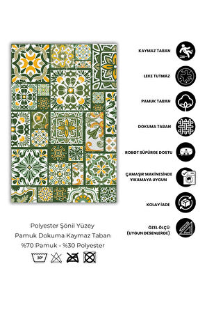 Patchwork Seramik Desenli Yeşil Halı Dokuma Tabanlı Kaymaz Tabanlı Dijital Baskılı Yıkanabilir Çini Desenli Banyo Halısı