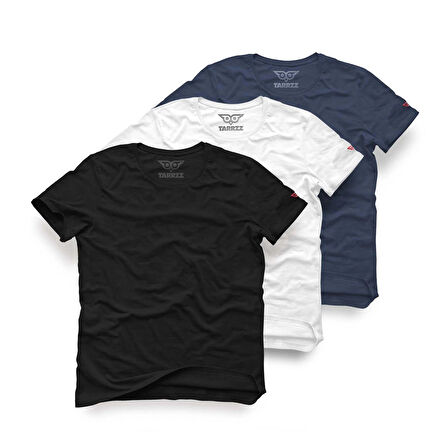 Tarrzz Basic Baskısız Tişört 3’lü Set - % 100 Pamuklu Bisiklet Yaka Basic Tişört- Siyah Basic Tişört - Beyaz Basic Tişört - Mavi Basic Tişör