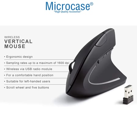 Microcase Pilli Dikey Ergonomik Kablosuz Mouse 800/1200/1600 Dpı 6 Tuşlu - AL5177