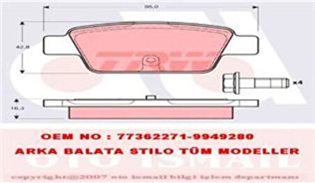 TRW GDB1485 Fren Balatası Arka Stilo Tüm Modeller 01-Bravo Linea 1.4 1.4T Jet 1.6 1.9D Multijet 07-Multipla 98-Delta III 08-14 Mito 08- 77365809