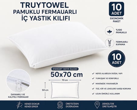 TURUYTOWEL Pamuklu Fermuarlı İç Yastık Kılıfı Beyaz Renkli İç Astar 10'lu Yastık İç Kılıfı 50x 70 Şilte
