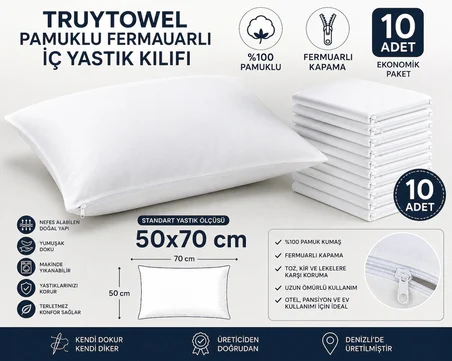 TURUYTOWEL Pamuklu Fermuarlı İç Yastık Kılıfı Beyaz Renkli İç Astar 10'lu Yastık İç Kılıfı 50x 70 Şilte