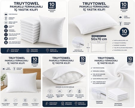 TURUYTOWEL Pamuklu Fermuarlı İç Yastık Kılıfı Beyaz Renkli İç Astar 10'lu Yastık İç Kılıfı 50x 70 Şilte