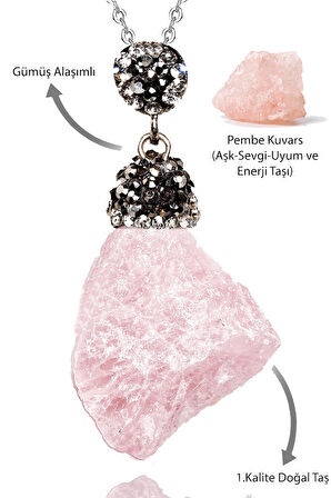 Sertifikalı Zirkon Taşlı Ham İşlenmemiş Pembe Kuvars Taşı Kolye