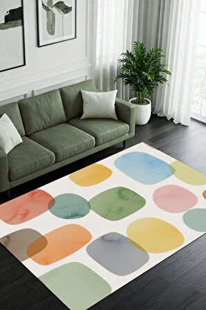 Pastel Renkli Geometrik Desenli Dijital Baskılı Dokuma Kaymaz Tabanlı Yıkanabilir Salon Halısı
