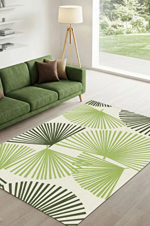 Palmiye Yapraklı Yeşil Desenli Halı Dijital Baskılı Dokuma Kaymaz Taban Yıkanabilir Pati Dostu Salon Halısı