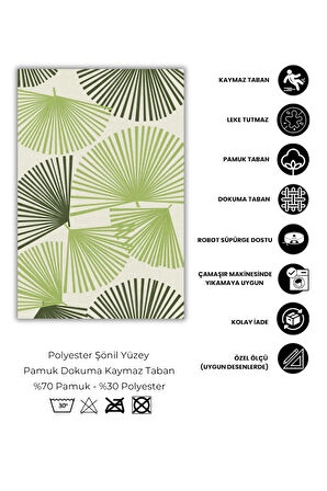 Palmiye Yapraklı Yeşil Desenli Halı Dijital Baskılı Dokuma Kaymaz Taban Yıkanabilir Pati Dostu Salon Halısı