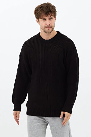 Erkek Siyah Regular Fit Bisiklet Yaka Örgülü Triko