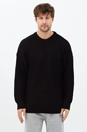 Erkek Siyah Regular Fit Bisiklet Yaka Örgülü Triko