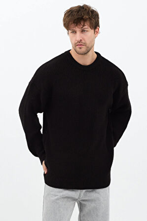 Erkek Siyah Regular Fit Bisiklet Yaka Örgülü Triko