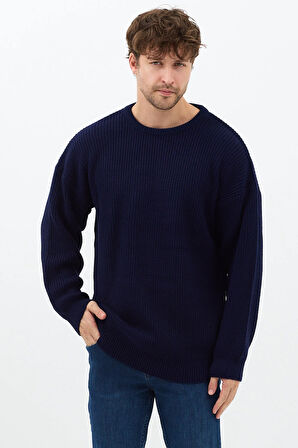 Erkek Lacivert Regular Fit Bisiklet Yaka Örgülü Triko