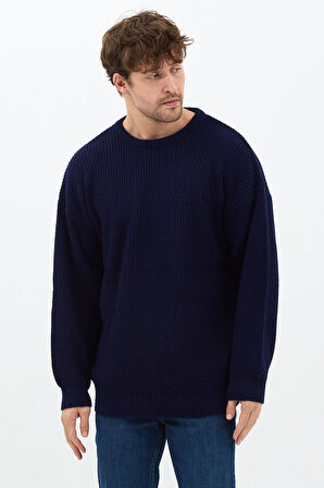 Erkek Lacivert Regular Fit Bisiklet Yaka Örgülü Triko