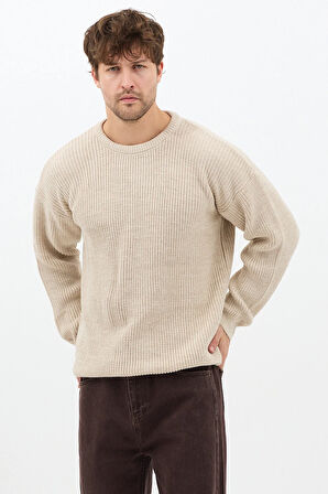 Erkek Bej Regular Fit Bisiklet Yaka Örgülü Triko