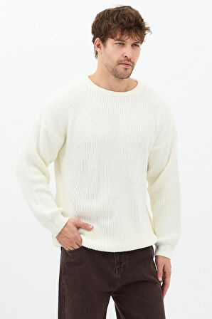 Erkek Beyaz Regular Fit Bisiklet Yaka Örgülü Triko