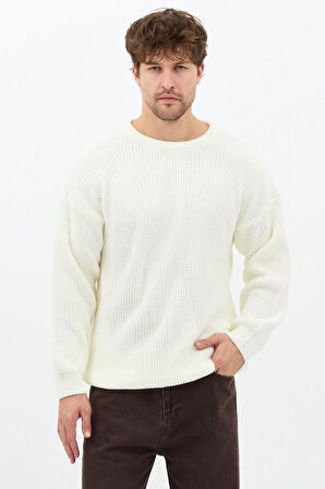 Erkek Beyaz Regular Fit Bisiklet Yaka Örgülü Triko