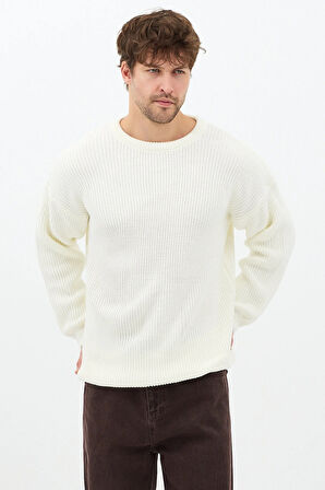 Erkek Beyaz Regular Fit Bisiklet Yaka Örgülü Triko