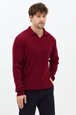 Bordo Erkek Polo Yaka Fitilli Triko Kazak