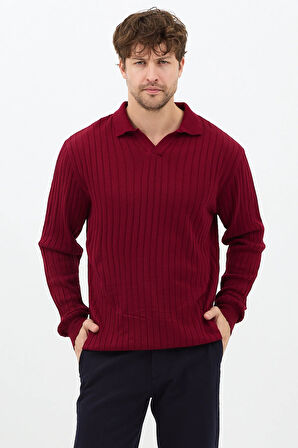 Bordo Erkek Polo Yaka Fitilli Triko Kazak