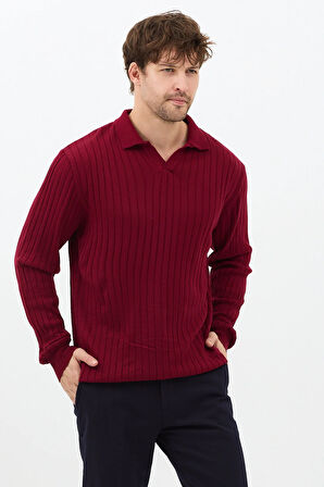 Bordo Erkek Polo Yaka Fitilli Triko Kazak