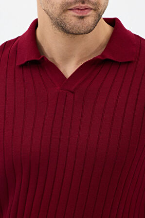 Bordo Erkek Polo Yaka Fitilli Triko Kazak