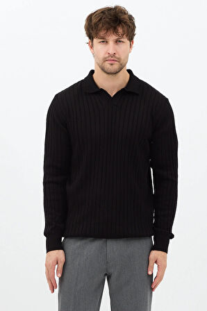 Siyah Erkek Polo Yaka Fitilli Triko Kazak