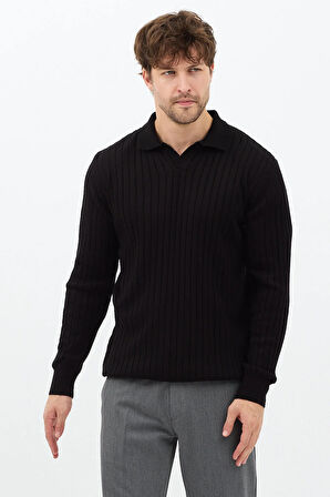 Siyah Erkek Polo Yaka Fitilli Triko Kazak