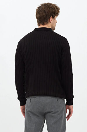 Siyah Erkek Polo Yaka Fitilli Triko Kazak