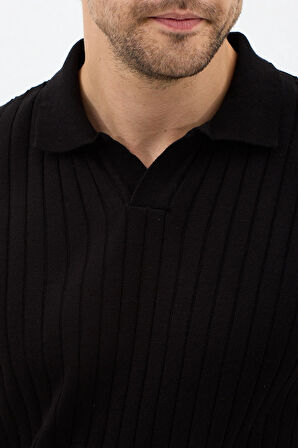 Siyah Erkek Polo Yaka Fitilli Triko Kazak