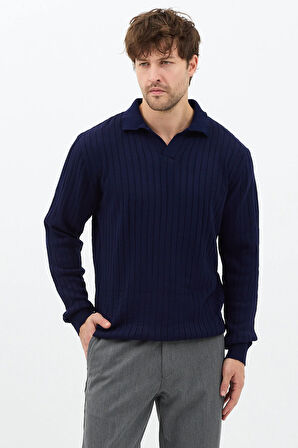 Lacivert Erkek Polo Yaka Fitilli Triko Kazak