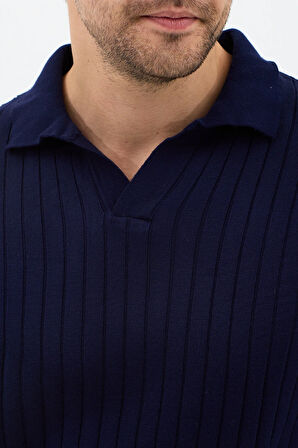 Lacivert Erkek Polo Yaka Fitilli Triko Kazak