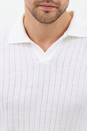 Beyaz Erkek Polo Yaka Fitilli Triko Kazak