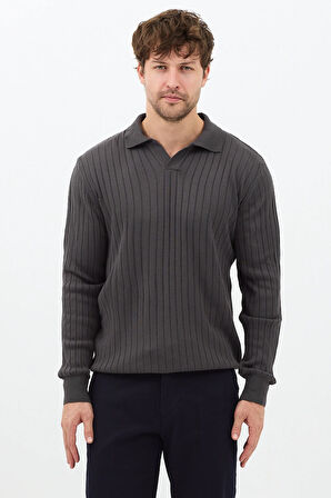 Füme Erkek Polo Yaka Fitilli Triko Kazak