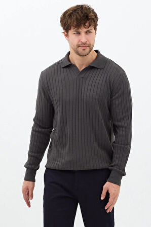 Füme Erkek Polo Yaka Fitilli Triko Kazak