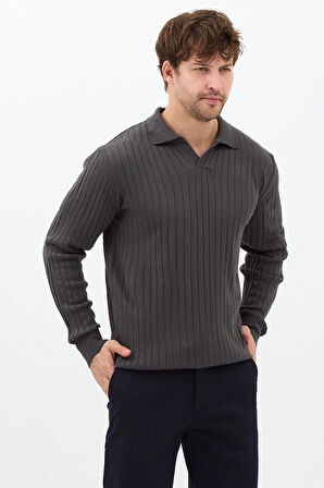 Füme Erkek Polo Yaka Fitilli Triko Kazak