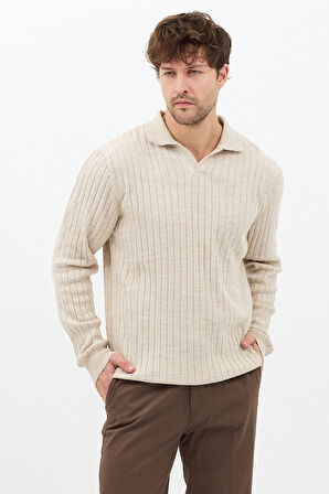 Bej Erkek Polo Yaka Fitilli Triko Kazak