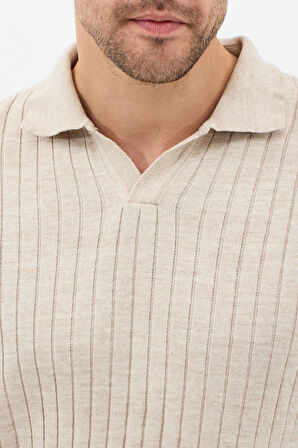 Bej Erkek Polo Yaka Fitilli Triko Kazak