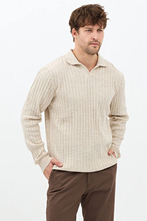 Bej Erkek Polo Yaka Fitilli Triko Kazak