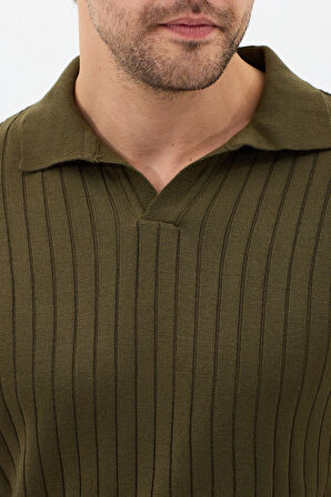 Haki Erkek Polo Yaka Fitilli Triko Kazak