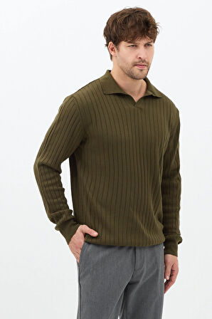 Haki Erkek Polo Yaka Fitilli Triko Kazak