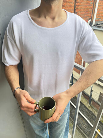 Erkek Geniş Yaka Oversize Triko T-Shirt