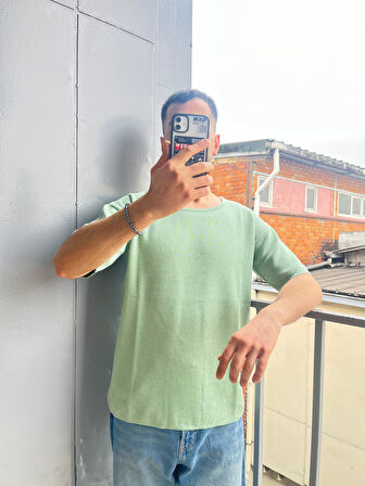Erkek Geniş Yaka Oversize Triko T-Shirt