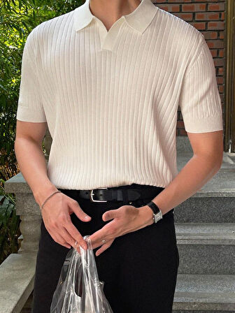 Beyaz Erkek Fitilli Polo Yaka Triko T-Shirt