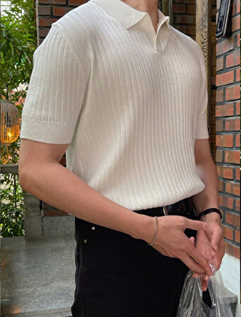 Beyaz Erkek Fitilli Polo Yaka Triko T-Shirt